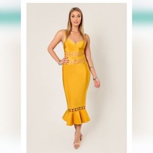 NWT WOW COUTURE - BANDED CAGED MAXI BANDAGE DRESS - MUSTARD